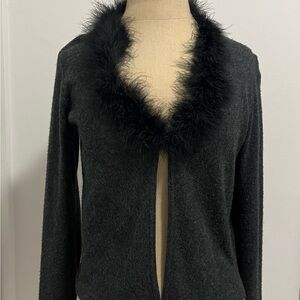 A. Byer Dark Gray Cardigan with Black Faux Fur Trim